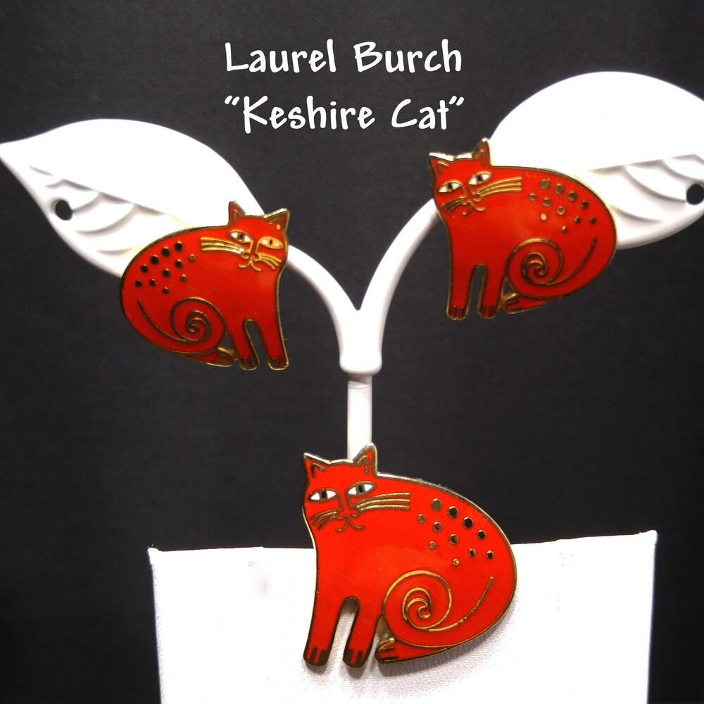 Laurel Burch "Keshire Cat" Red Enamel Brooch & Post Earrings, Gold Plate